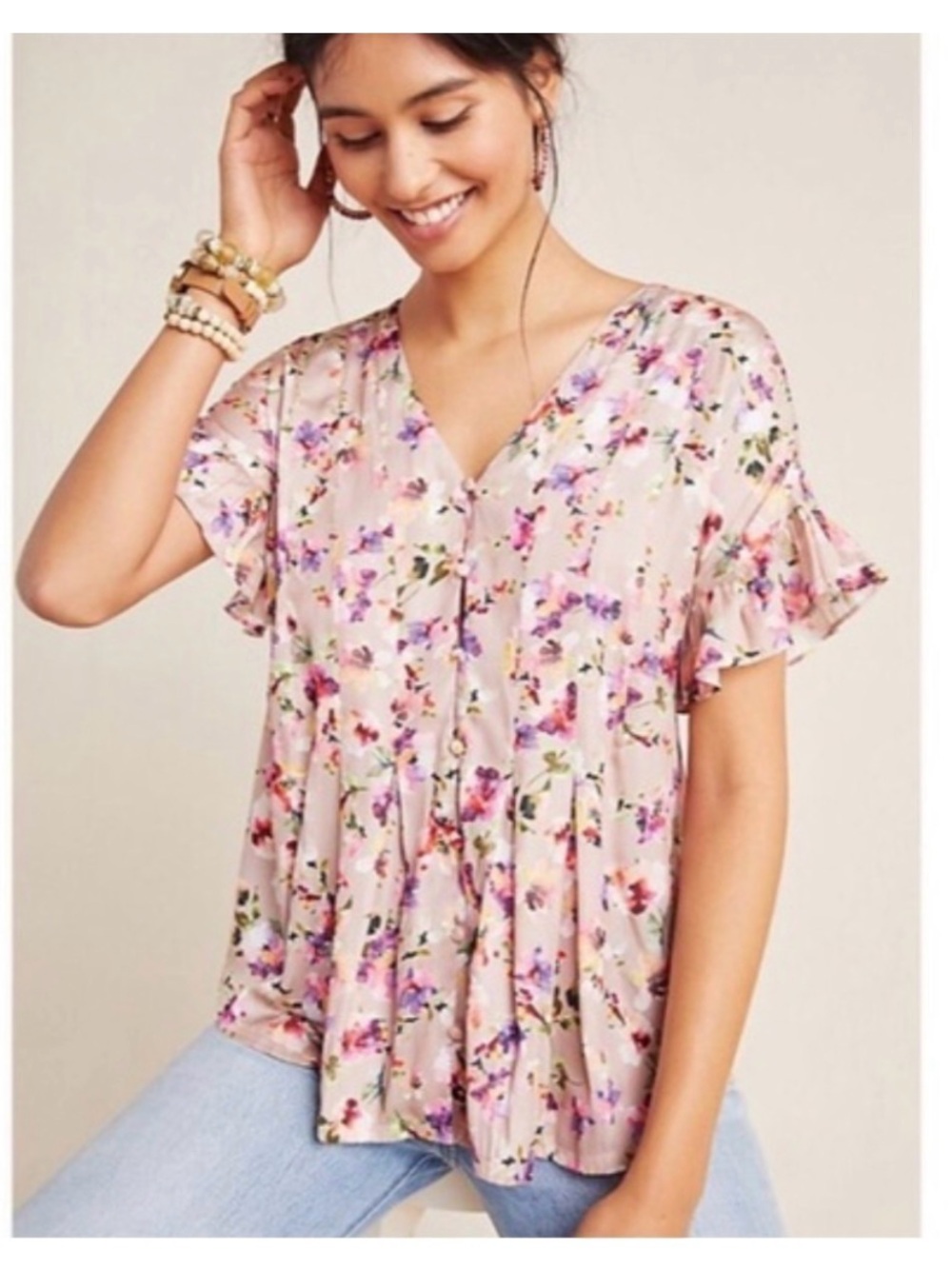 ANTHROPOLOGIE DOLAN Beige Multi Floral MITZI Silky Pleated Blouse Top